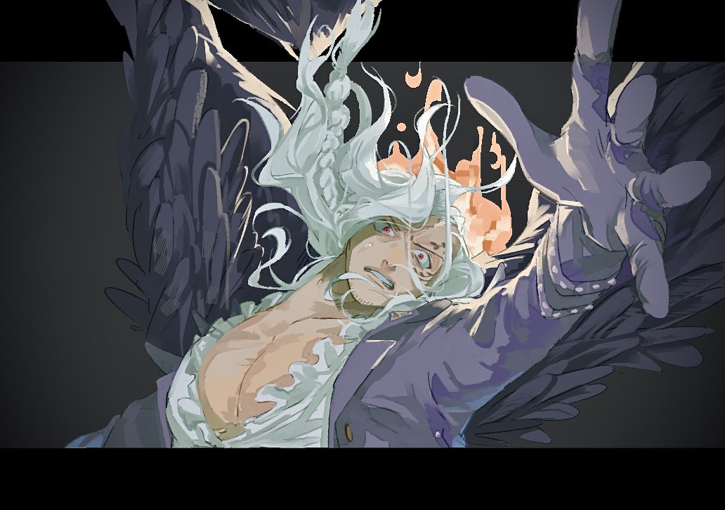 1boy, black_background, black_jacket, black_wings, braid, chabashira_chan, clenched_teeth, commentary