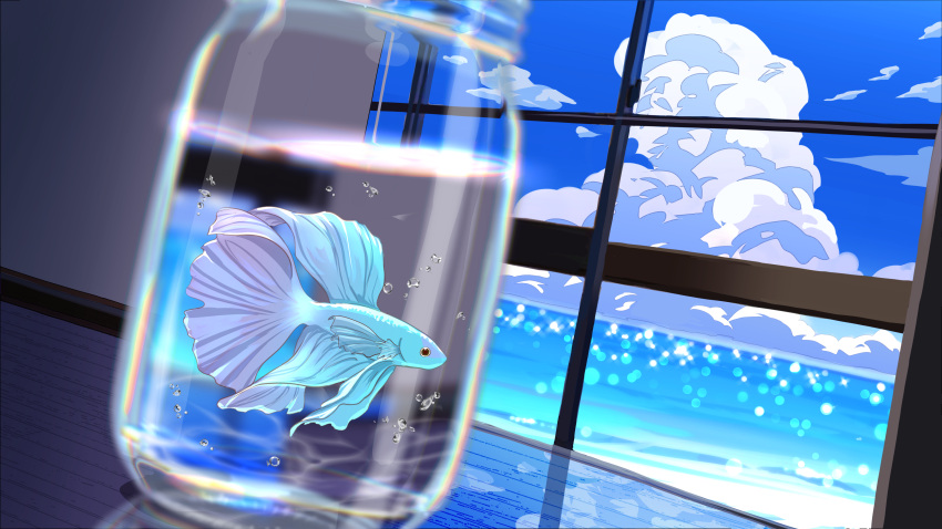 absurdres, air_bubble, animal, beach, bubble, clouds, commentary, cumulonimbus_cloud, english_commentary, fish, highres, jar, nap_on_a_cloud, no_humans, ocean, original, revision, siamese_fighting_fish, summer, table, tropical_fish, water, window