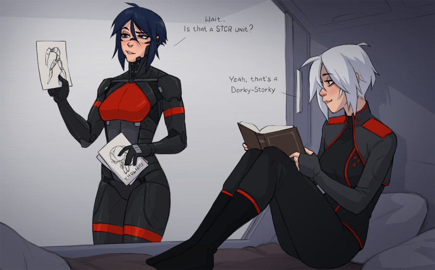2girls, android, ariane_yeong, black_boots, black_jacket, blue_eyes, blue_hair, book, boots, commentary, corrupted_storch_(signalis), drawing_(object), elster_(signalis), english_commentary, english_text, highres, holding, holding_book, holding_paper, jacket, knee_boots, meowsequence, multiple_girls, paper, raised_eyebrows, short_hair, signalis, sitting, skin_seams, smile, standing, white_hair