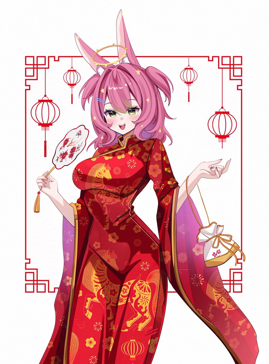 1girl, animal_ears, ao_dai, blush, dreamy_etude, green_eyes, halo, hand_fan, harunaki, highres, holding, holding_fan, new_year, pink_hair, rabbit_ears, rabbit_girl, short_hair, smile, tassel, virtual_youtuber, vivaria_virtual, wide_sleeves