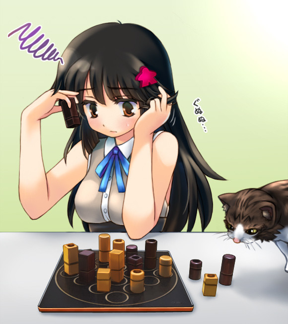 1girl, animal, bare_arms, black_hair, blue_ribbon, board_game, breasts, brown_eyes, cat, closed_mouth, collared_shirt, dress_shirt, hair_ornament, hands_up, holding, long_hair, looking_at_object, medium_breasts, neck_ribbon, nyaou_(round_facer), original, quarto_(board_game), ribbon, shirt, sleeveless, sleeveless_shirt, solo, squiggle