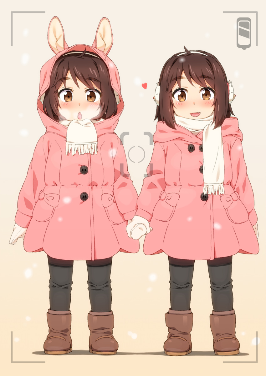 2girls, animal_ear_hood, animal_ears, battery_indicator, black_pants, boots, breath, brown_boots