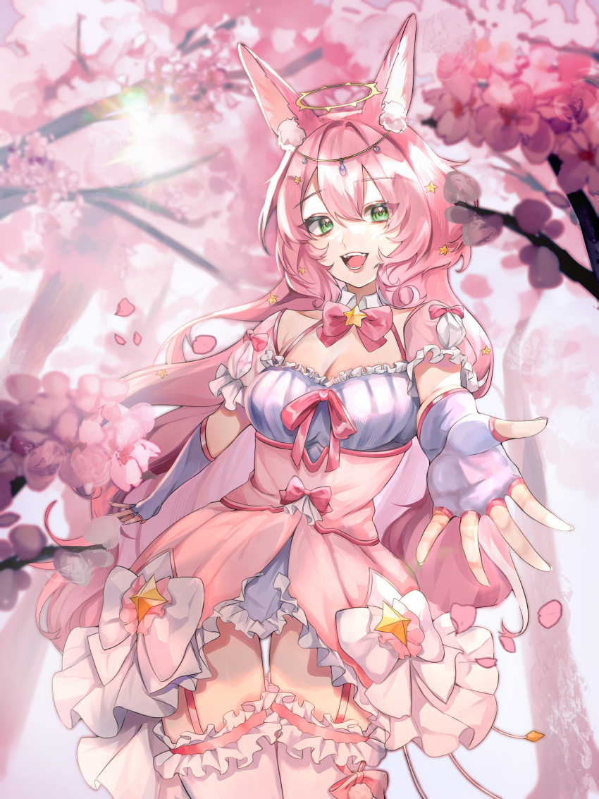 1girl, absurdres, animal_ears, bow, bowtie, cherry_blossoms, commentary, dreamy_etude