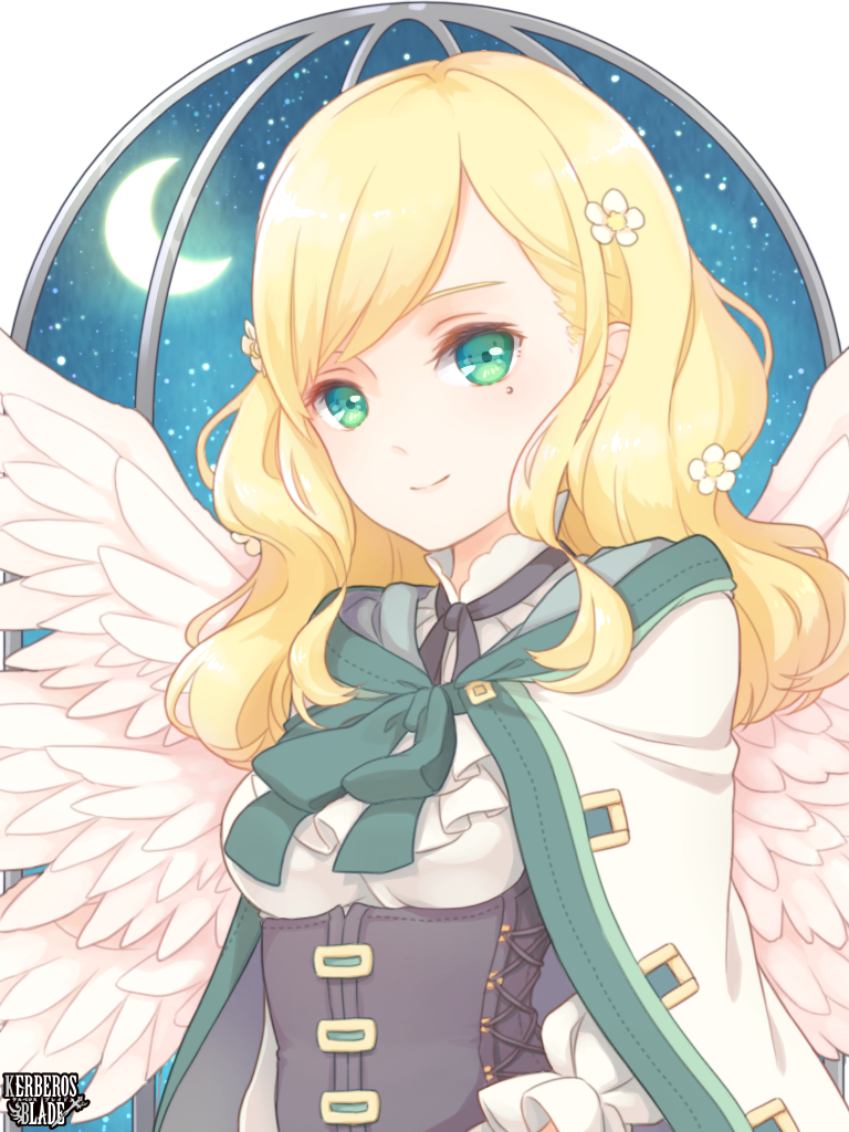 1girl, blonde_hair, breasts, ciel_levisto, copyright_name, corset, flower, green_eyes