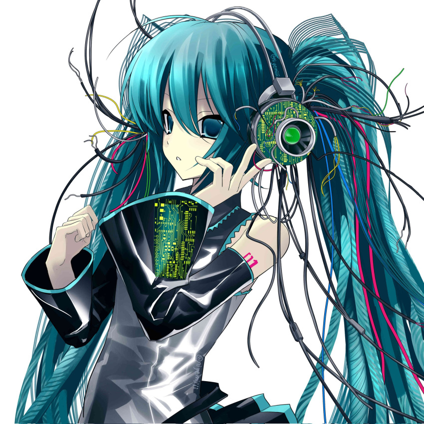 1girl, aqua_eyes, aqua_hair, arm_tattoo, cable, cable_hair, detached_sleeves, hair_between_eyes, hatsune_miku, headphones, highres, looking_at_viewer, niyemiiii, parted_lips, solo, tattoo, twintails, twitter_username, upper_body, vocaloid
