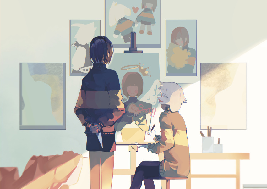 1other, absurdres, animal_ears, asriel_dreemurr, asriel_dreemurr_(god_of_hyperdeath), brown_hair, brown_shorts, canvas_(object), chara_(undertale), chinese_commentary, commentary_request, furry, furry_male, goat_boy, goat_ears, green_sweater, highres, hikokisleep247, holding, holding_paintbrush, holding_weapon, knife, paint, paintbrush, painting_(action), picture_frame, shorts, striped_clothes, striped_sweater, sunlight, sweater, two-tone_sweater, undertale, utdr_(toby_fox), weapon