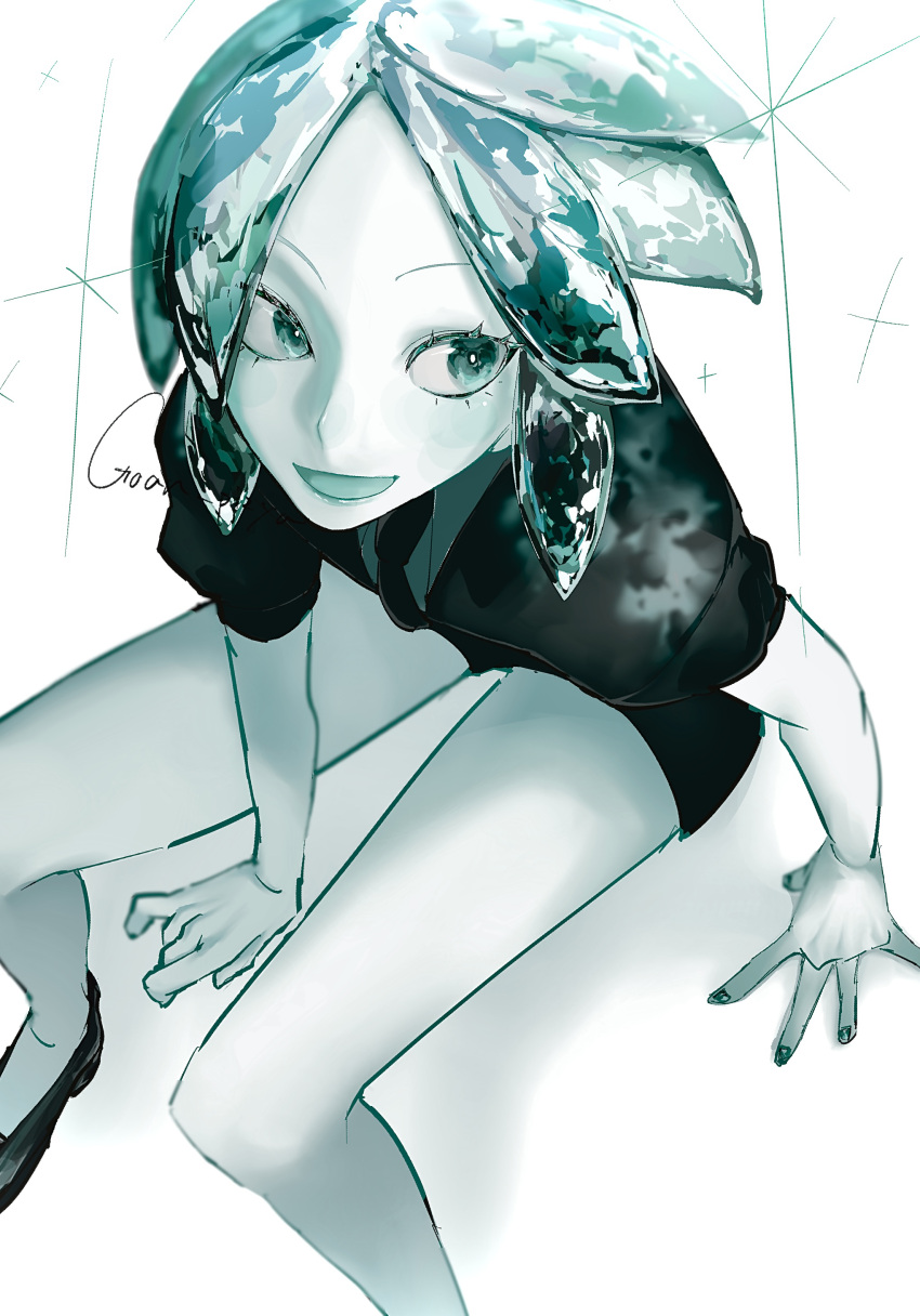 1other, :d, absurdres, androgynous, aqua_eyes, aqua_hair, black_necktie, black_shirt, black_shoes, black_shorts, colored_eyelashes, colored_skin, commentary_request, crystal_hair, foot_out_of_frame, from_above, full_body, gem_uniform_(houseki_no_kuni), glint, goan_pizya, hands_on_ground, highres, houseki_no_kuni, looking_to_the_side, necktie, other_focus, phosphophyllite, shirt, shoes, short_hair, short_sleeves, shorts, signature, simple_background, smile, solo, white_background