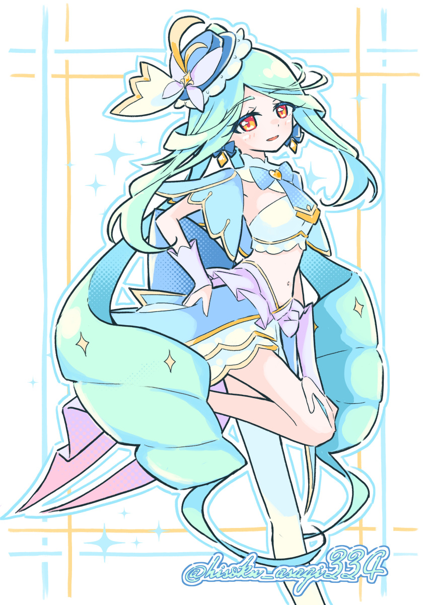 1girl, absurdres, aqua_bow, aqua_bowtie, aqua_hair, aqua_skirt, blue_hat, boater_hat