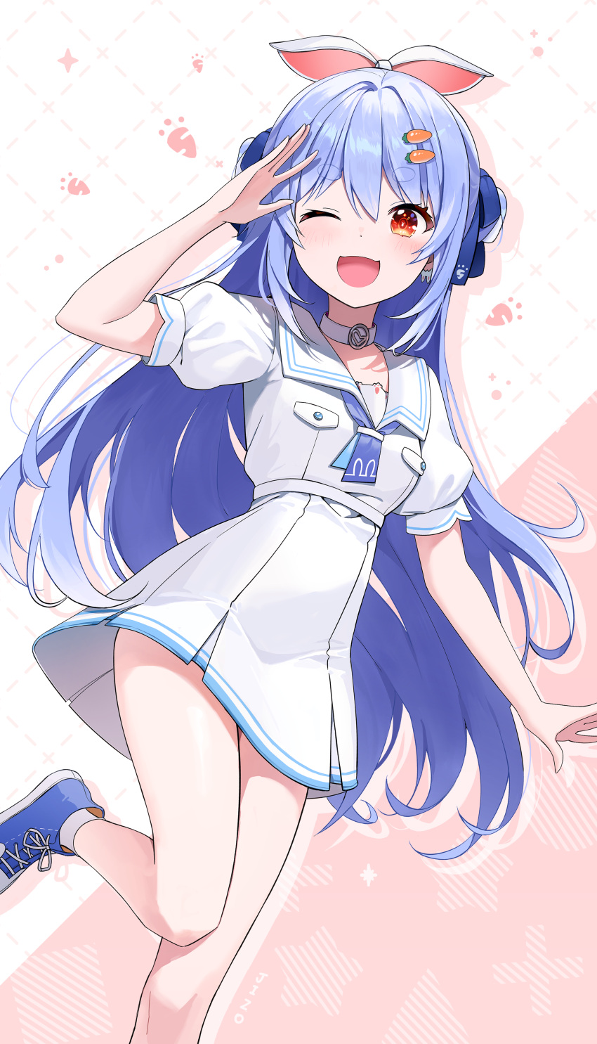 1girl, absurdres, animal_ears, arm_up, blue_hair, carrot_hair_ornament, commentary_request, dress, food-themed_hair_ornament, foot_out_of_frame, hair_ornament, highres, hololive, jizo_3x357, multicolored_hair, official_alternate_costume, one_eye_closed, open_mouth, puffy_short_sleeves, puffy_sleeves, rabbit, rabbit-shaped_pupils, rabbit_ears, sailor_collar, short_sleeves, smile, solo, symbol-shaped_pupils, thick_eyebrows, two_side_up, usada_pekora, usada_pekora_(casual), virtual_youtuber, white_dress, white_hair, white_sailor_collar, yellow_eyes