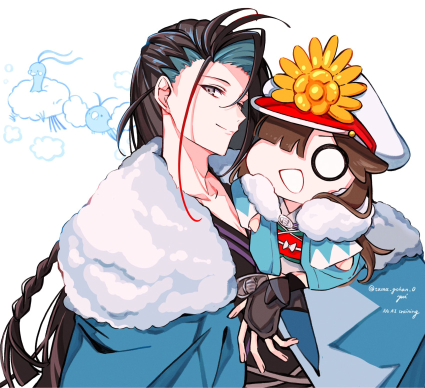 1boy, altaria, aqua_haori, arm_guards, black_hair, black_kimono, blue_hair, braid