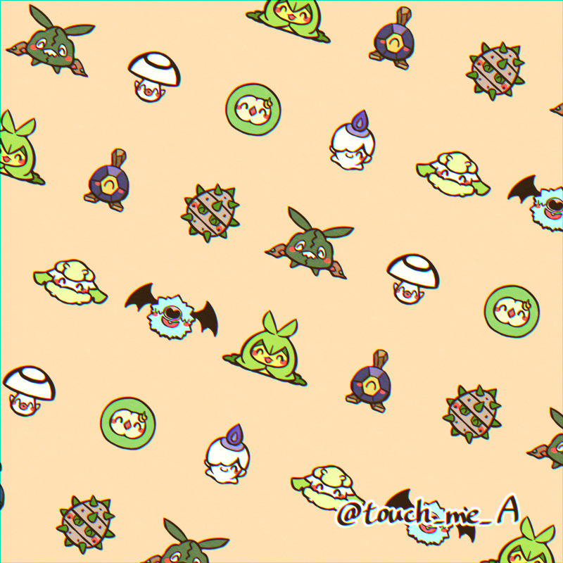 blush, blush_stickers, brown_background, closed_eyes, closed_mouth, commentary_request, cottonee, ferroseed