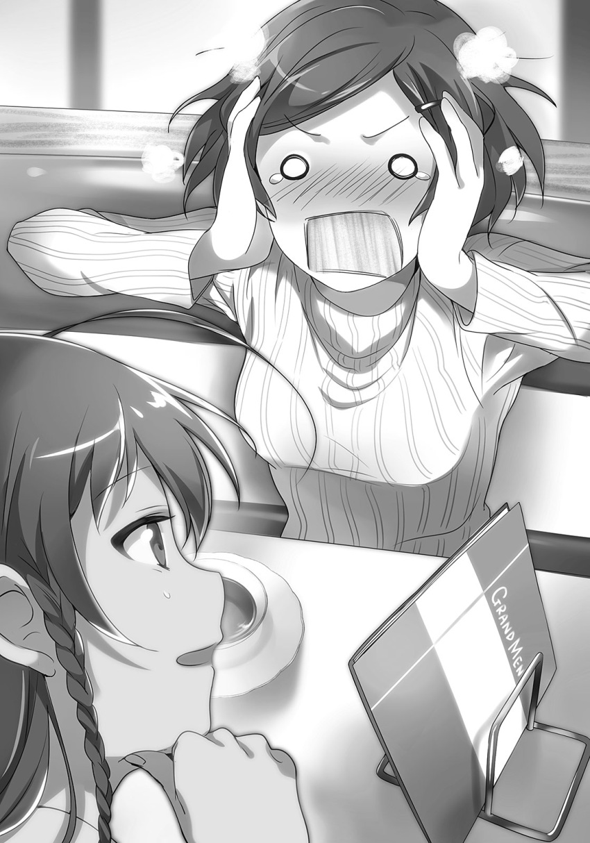029, 0_0, 2girls, ahoge, arms_up, blush, braid, breasts