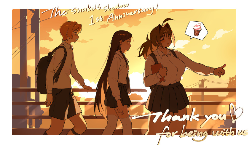 1boy, 2girls, absurdres, aged_down, ahoge, anniversary, backpack, bag