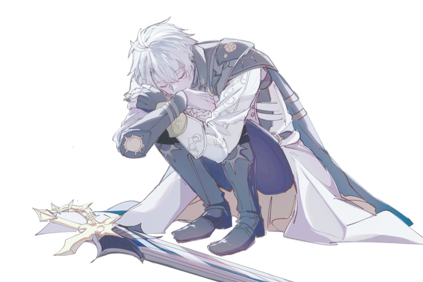 1boy, arm_guards, armor, black_boots, blue_pants, boots, cape, closed_eyes
