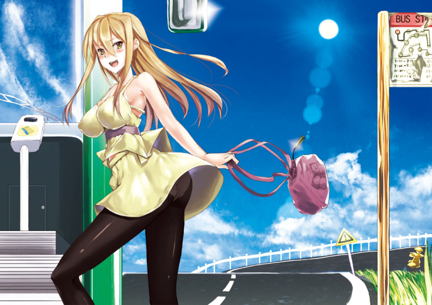 ass, bag, bare_shoulders, black_legwear, blackegg, blush, brown_eyes, brown_hair