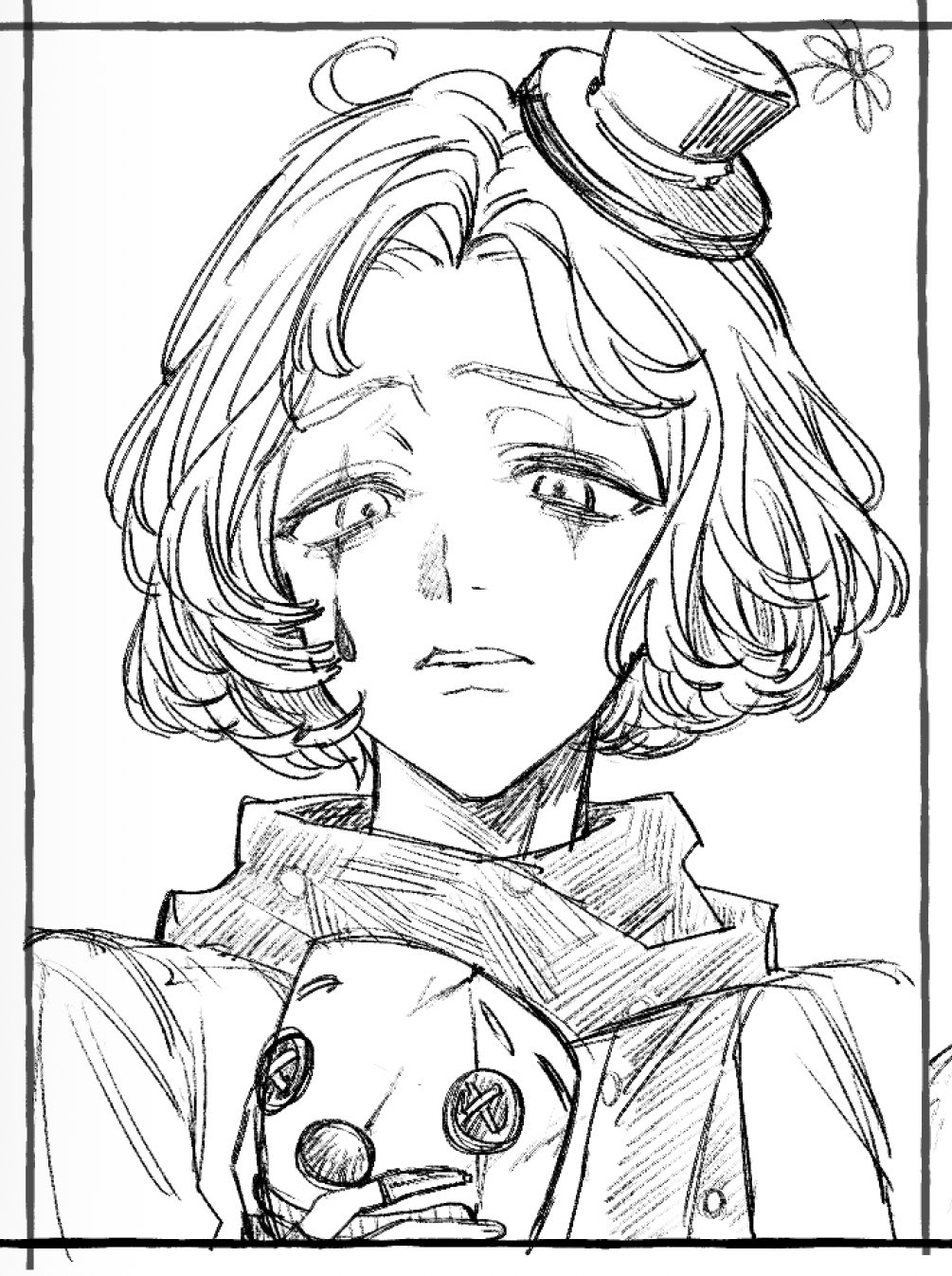 1boy, commentary, facial_mark, flower, frown, greyscale, hair_intakes, hat