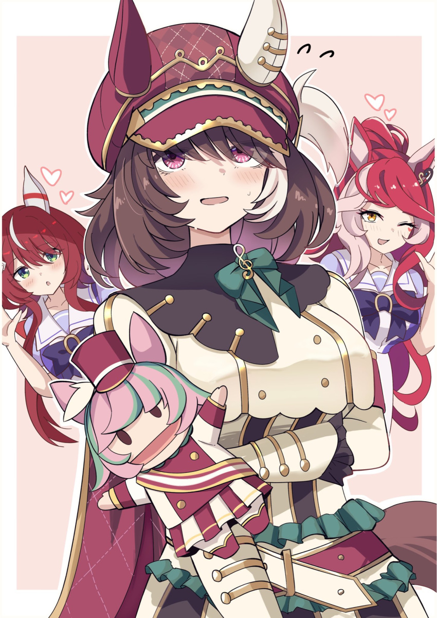 3girls, animal_ears, blush, bow, bowtie, breasts, brown_hair, cape