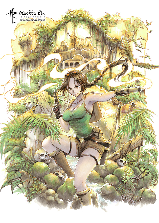 1girl, aqua_tank_top, belt_buckle, bird, braid, braided_ponytail, brown_hair, brown_shorts