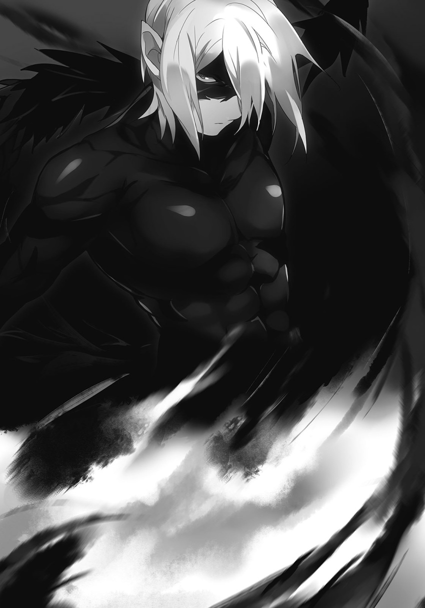 029, 1boy, abs, alciel_(hataraku_maou-sama!), arm_behind_back, bodysuit, closed_mouth, greyscale