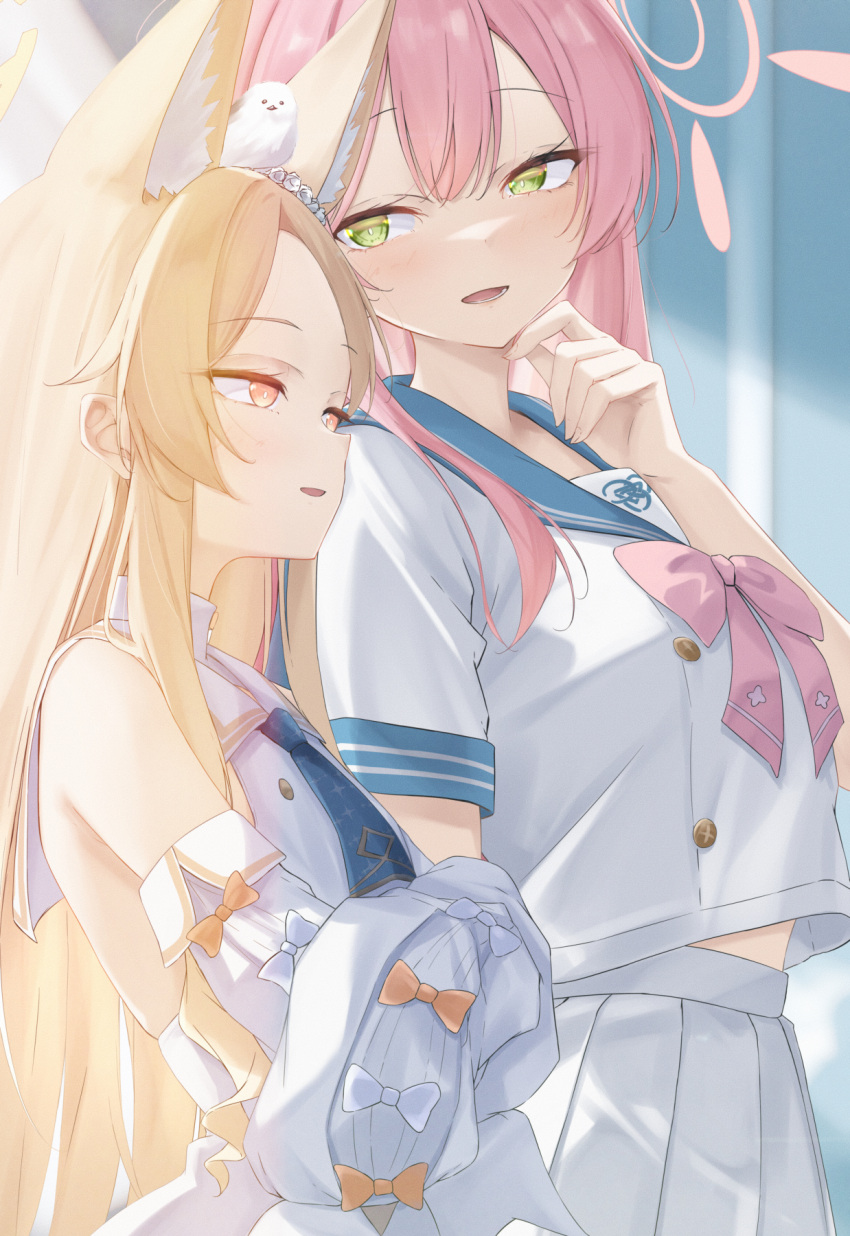 2girls, animal, animal_ears, animal_on_head, bird, bird_on_head, blonde_hair, blue_archive