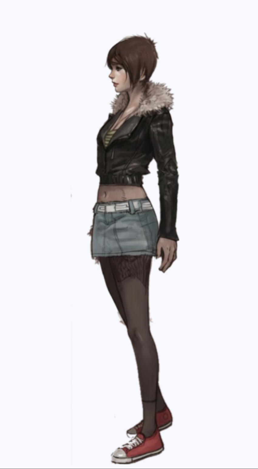1girl, accomplished_dog7084, black_jacket, black_pantyhose, brown_hair, commentary, crop_top, dana_mercer