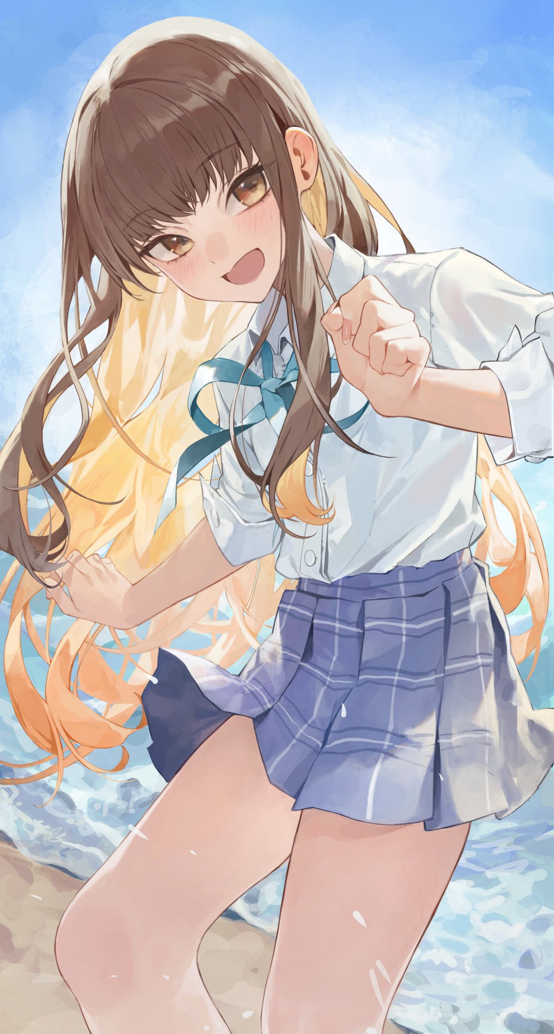 1girl, beach, brown_eyes, brown_hair, colored_inner_hair, commentary, fate/grand_order, fate_(series)