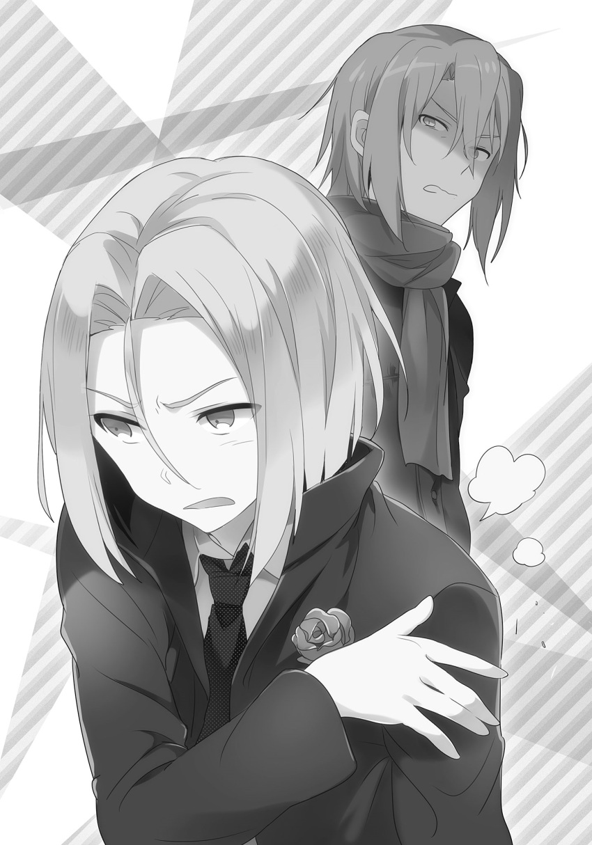 029, 2boys, ashiya_shirou, collared_shirt, flower, greyscale, hair_between_eyes, half-closed_eyes
