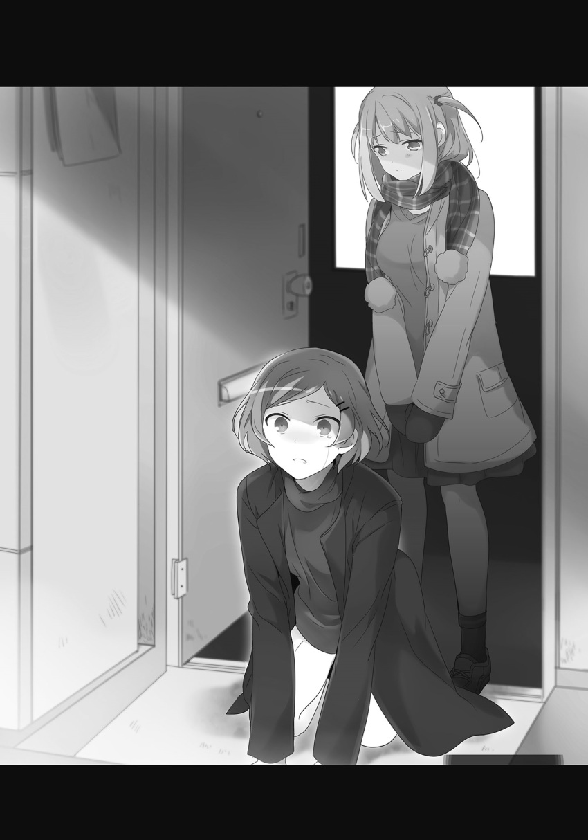 029, 2girls, all_fours, breasts, closed_mouth, coat, door, greyscale