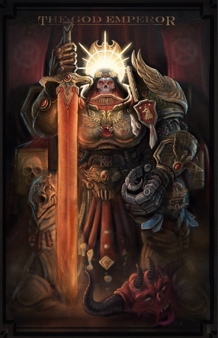 1boy, armor, black_hair, bloodthirster, chest_jewel, commentary, demon, demon_horns