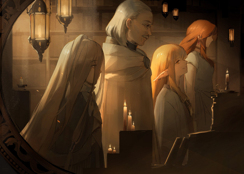 1boy, 3girls, absurdres, blonde_hair, brown_hair, candle, cloak, commentary