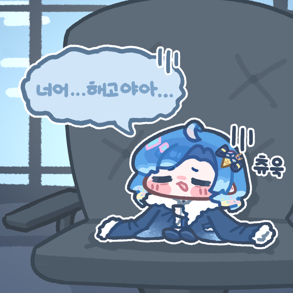 1girl, ahoge, asia_(trickcal), blue_hair, blue_jacket, blush_stickers, bow, chair