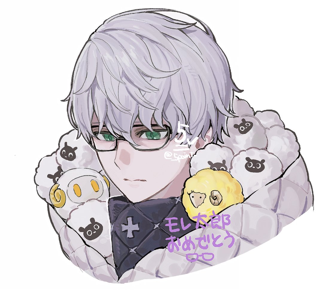 1boy, apollo_(fate), black-framed_eyewear, blue_eyes, coat, commentary_request, fate/grand_order, fate_(series), glasses, grey_hair, jacques_de_molay_(saber)_(fate), male_focus, padded_coat, ririri_(lilili_tea), sheep, solo, templar, zerco_(fate)