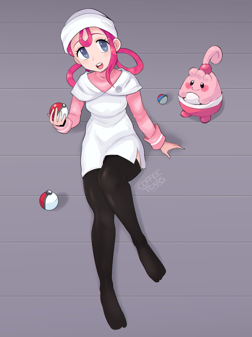 1girl, black_thighhighs, capelet, coffeetears, dress, great_ball, grey_eyes, happiny, hat, highres, holding, holding_poke_ball, joy_(pokemon), no_shoes, open_mouth, pink_hair, pink_shirt, poke_ball, pokemon, pokemon_(creature), shirt, shirt_under_dress, short_dress, side_slit, sitting, sleeve_cuffs, smile, teeth, thigh-highs, upper_teeth_only, white_capelet, white_dress, white_hat