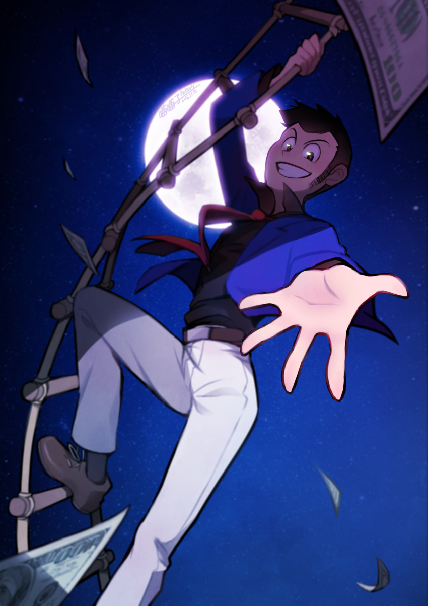1boy, arsene_lupin_iii, aulauly, banknote, black_hair, black_shirt, blue_jacket, dollar_bill, high_denomination_banknote, highres, hundred_dollar_bill, jacket, looking_at_viewer, lupin_iii, lupin_iii_part_5, money, moon, necktie, night, on_ladder, outstretched_hand, pants, red_necktie, rope_ladder, shirt, sideburns, smile, solo, solo_focus, white_pants, wind