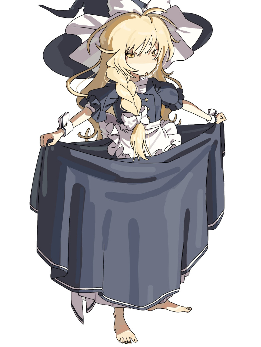 1girl, apron, barefoot, black_hat, black_jacket, blonde_hair, bow, braid, commentary, cropped_jacket, facing_ahead, full_body, hair_bow, hat, highres, jacket, long_hair, looking_at_viewer, mozupoko, open_mouth, puffy_short_sleeves, puffy_sleeves, shirt, short_sleeves, simple_background, single_braid, skirt_hold, solo, standing, touhou, waist_apron, white_apron, white_background, white_bow, white_shirt, witch_hat, wrist_cuffs, yellow_eyes