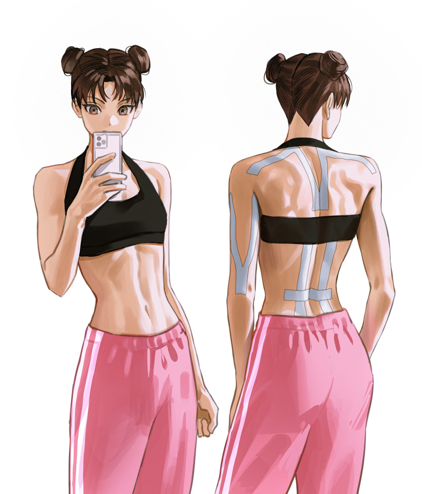 1girl, abs, absurdres, back_muscles, black_sports_bra, breasts, brown_eyes, brown_hair