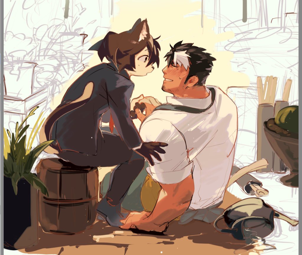 1boy, 1girl, arm_support, barrel, black_hair, black_necktie, black_pants, brown_hair