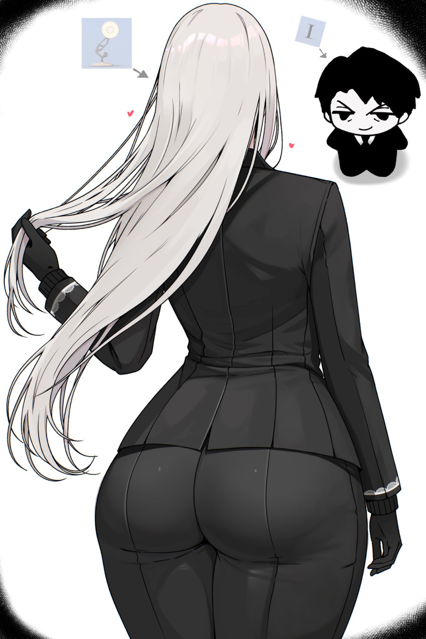 1boy, 1girl, angelica_(project_moon), ass, black_gloves, black_hair, black_suit, chibi