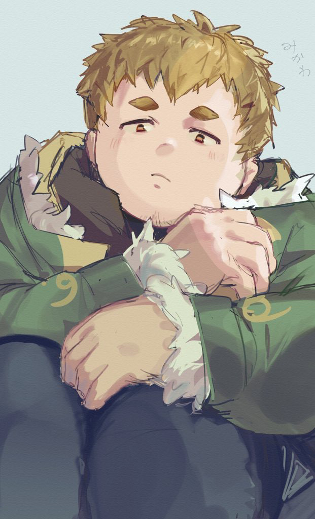 1boy, black_pants, brown_eyes, brown_hair, closed_mouth, coat, commentary_request, facial_hair