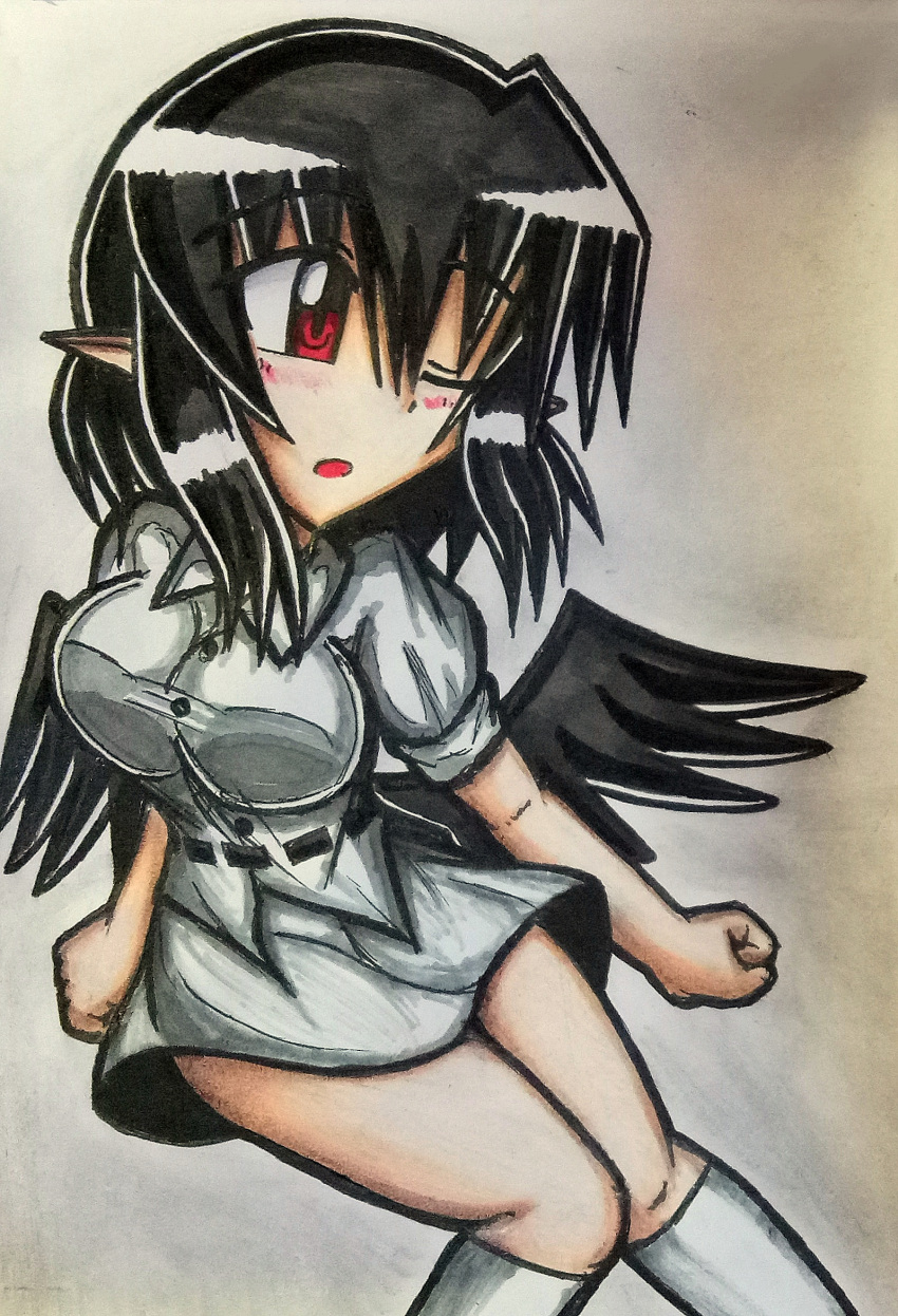 1girl, 280z-t2by2_hgs130, black_hair, commentary, hair_between_eyes, highres, missing_headwear, one_eye_closed