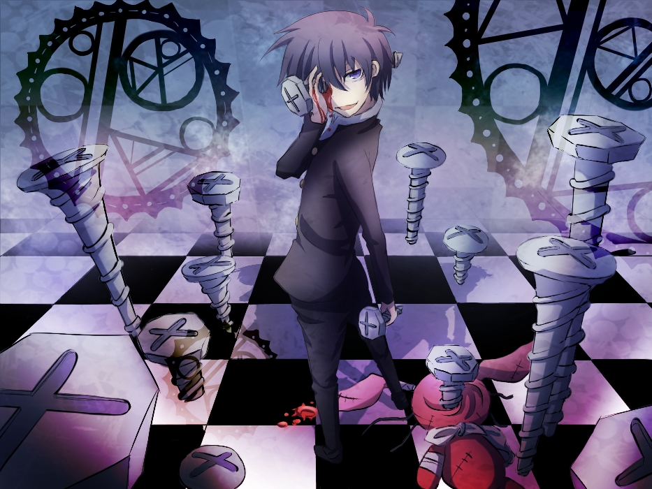 23ichiya, black_hair, blood, blue_eyes, kumagawa_misogi, male, medaka_box, school_uniform