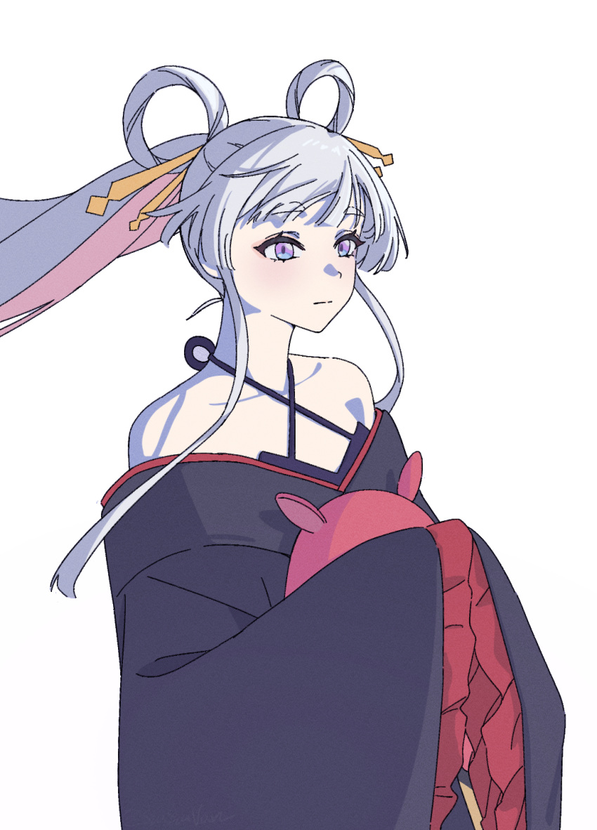 1girl, blue_eyes, blue_kimono, cho_kaguya-hime!, closed_mouth, collarbone, commentary, floating_hair