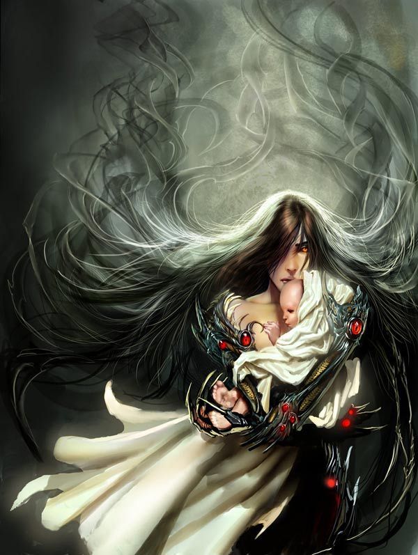 android, black_hair, brown_hair, child, female, gloves, hug, long_hair, nebezial, orange_eyes, sara_pezzini, shield, very_long_hair, witch, witchblade