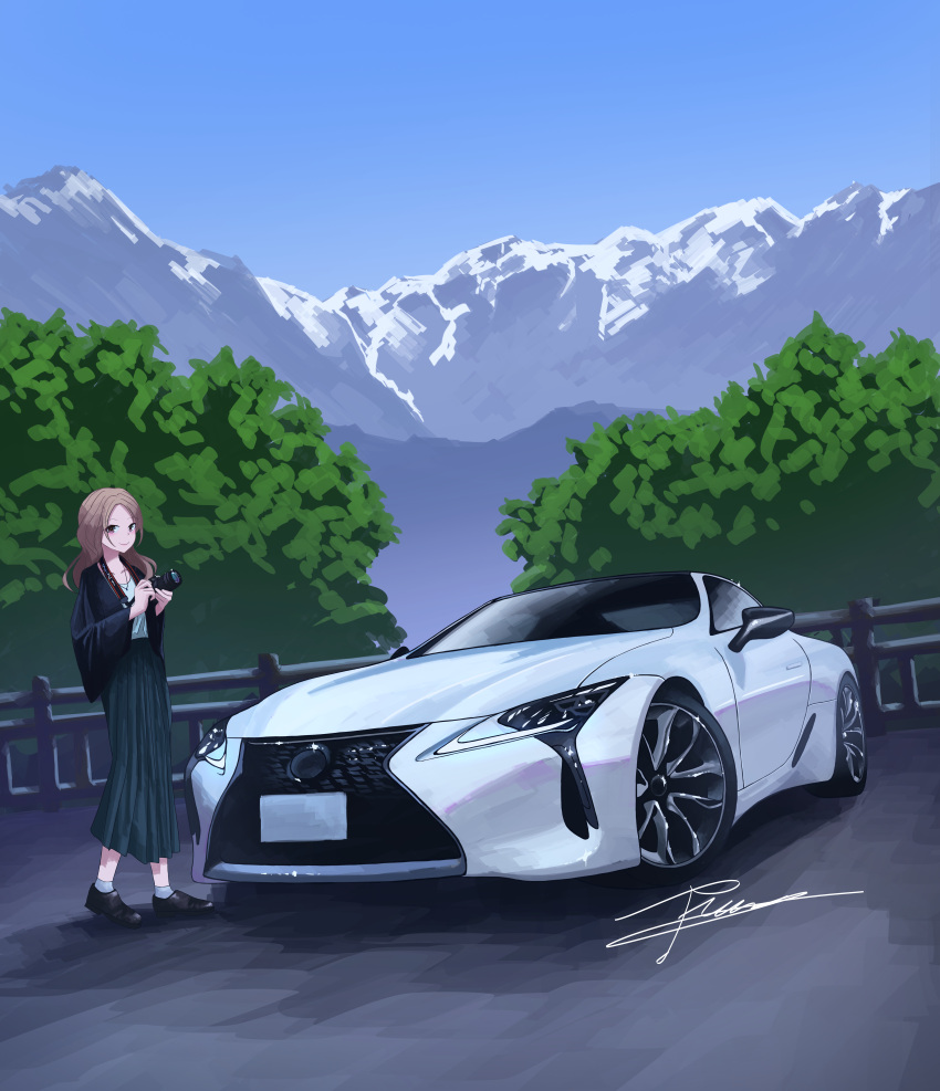 1girl, absurdres, apollos_ars, black_jacket, black_shoes, blue_sky, brown_hair, car