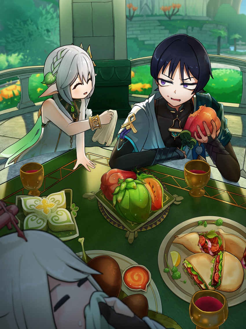 1boy, 2girls, absurdres, ajilenakh_nut_(genshin_impact), apron, arm_rest, armor, artistic_error, black_bodysuit, black_bridal_gauntlets, black_gloves, black_hair, blue_cape, blue_sleeves, blunt_ends, blush, bodysuit, bracelet, bridal_gauntlets, bright_pupils, bush, cape, chalice, charcoal-baked_ajilenakh_cake_(genshin_impact), closed_eyes, commentary_request, condensation, covered_collarbone, cup, dress, elbow_rest, eyelashes, eyeliner, facing_another, facing_up, feathers, food, food_bite, food_on_face, fringe_trim, fruit, furrowed_brow, genshin_impact, giga_tai, giving, gloves, gold, gold_trim, green_apron, green_hair, hair_ornament, half_crown_braid, halo, halvamazd_(genshin_impact), hand_on_table, hand_up, harra_fruit_(genshin_impact), highres, holding, holding_food, holding_fruit, holding_napkin, indoors, japanese_armor, japanese_clothes, jewelry, juice, kimono, kote, kurokote, layered_sleeves, leaf, leaf_hair_ornament, leaning_forward, lemon, lemon_slice, light_frown, long_hair, looking_at_another, makeup, mandarin_collar, meat, mechanical_halo, moss, multicolored_hair, multiple_girls, nahida_(genshin_impact), onion_slice, open_clothes, open_hand, open_kimono, open_mouth, paimon_(genshin_impact), palm_tree, partially_fingerless_gloves, pillar, pink_halo, pita_pocket_(genshin_impact), plant, pointy_ears, pom_pom_(clothes), purple_rope, railing, red_eyeliner, rope, scaramouche_(genshin_impact), short_sleeves, shoulder_peek, side_cape, side_ponytail, sidelocks, sideways_glance, sitting, streaked_hair, sumeru_city, table, tablecloth, tomato, tomato_slice, tree, vegetable, violet_eyes, wanderer_(genshin_impact), white_dress, white_hair, white_kimono, white_pupils, white_sleeves, wiping_face, wispy_bangs, yellow_feathers, zaytun_peach_(genshin_impact)