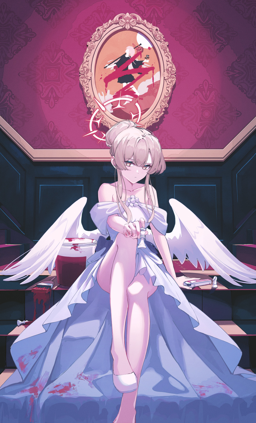 1girl, absurdres, alternate_costume, angel_wings, bare_shoulders, blonde_hair, blue_archive, chess_piece