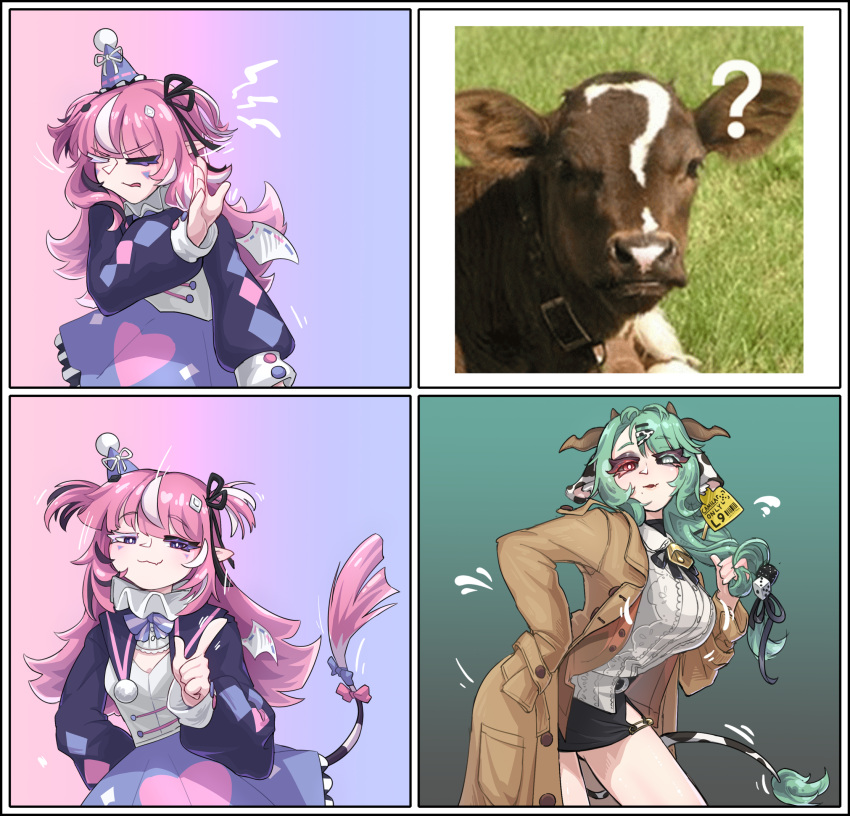 2girls, animal_ears, bell, blue_eyes, camila_(cami_3.0)_(vtuber), camila_(vtuber), coat, colored_sclera