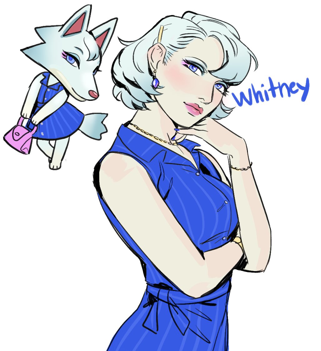 1girl, animal_crossing, animal_crossing:_new_horizons, blue_dress, blue_eyes, blue_nails, bob_cut, bracelet