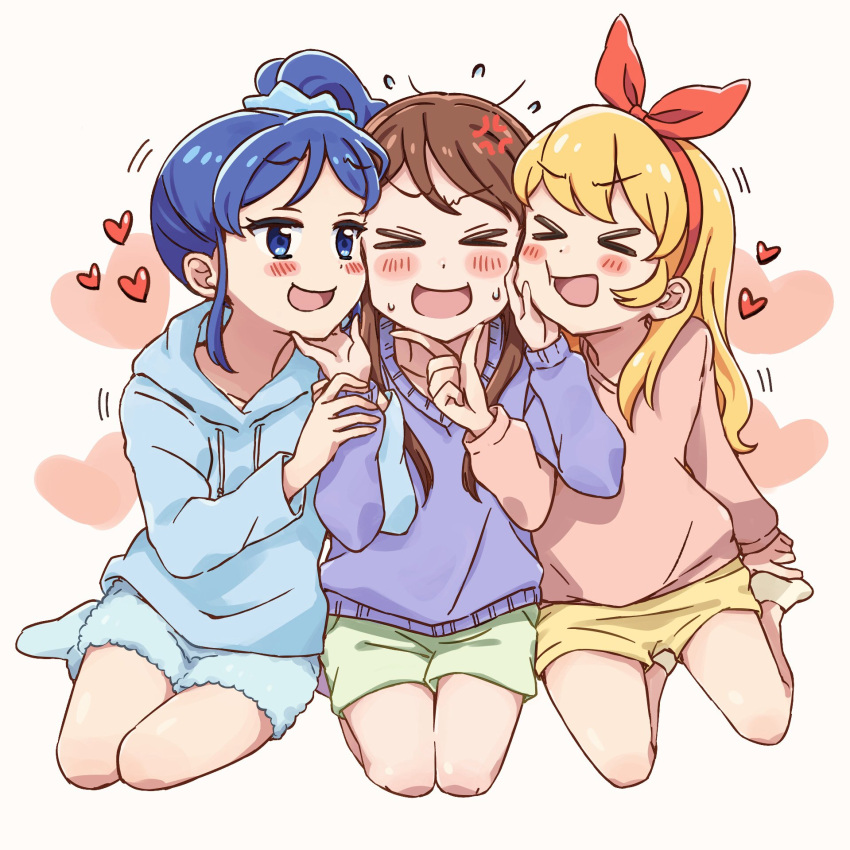 >_<, 3girls, :d, aikatsu!, aikatsu!_(series), aikatsu365, anger_vein, blonde_hair