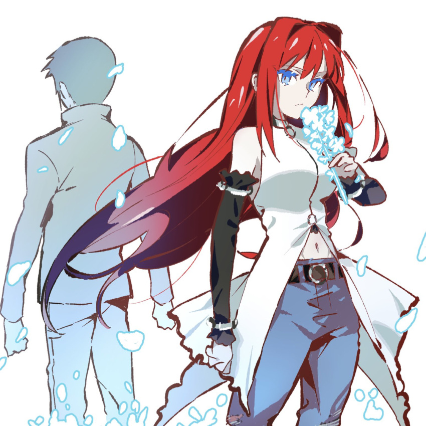 1boy, 1girl, aozaki_aoko, blue_eyes, blue_flower, clenched_hands, commentary_request, denim
